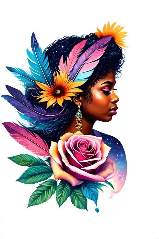 India With Feathers In Hair Color Honey Brown Skin Only Face And A Rose That Reflects The Universe