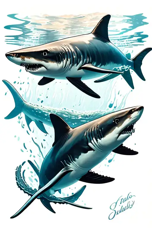 2 Sharks Swimming In Shallow Water From Above Through The Thick Illusion