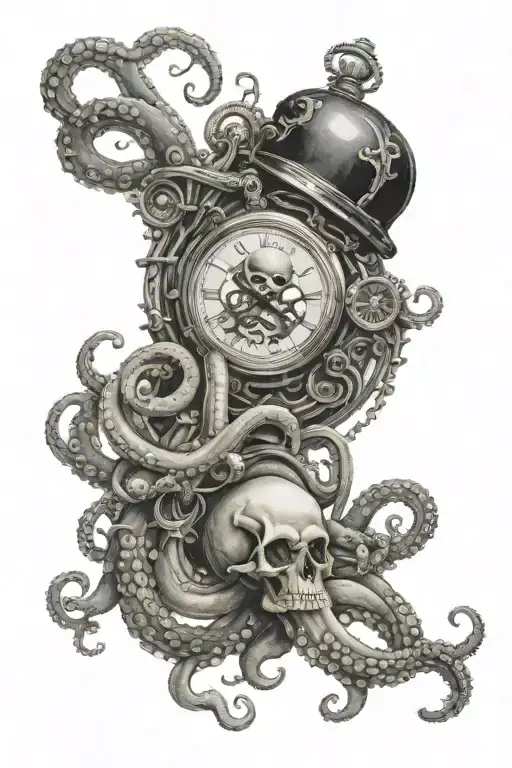 Octopus Wrapped Around A Pocketwatch And A Skull Wearing