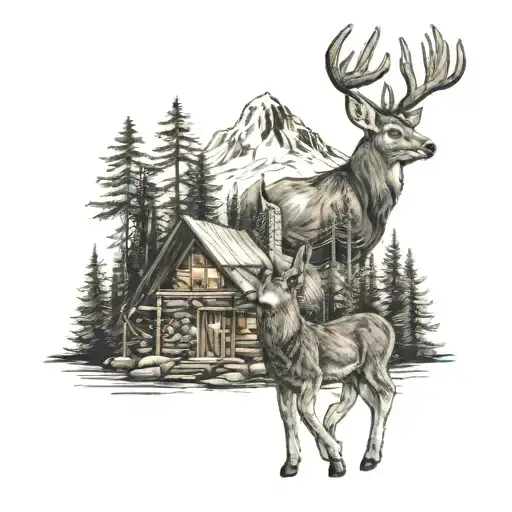 Deer With Mountains And Woods Surrounded With A Log Cabin And Campfire In The Background