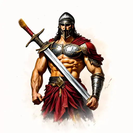 Brutal Spartan Torso With Sword And Brush Against The Background Of The Colosseum