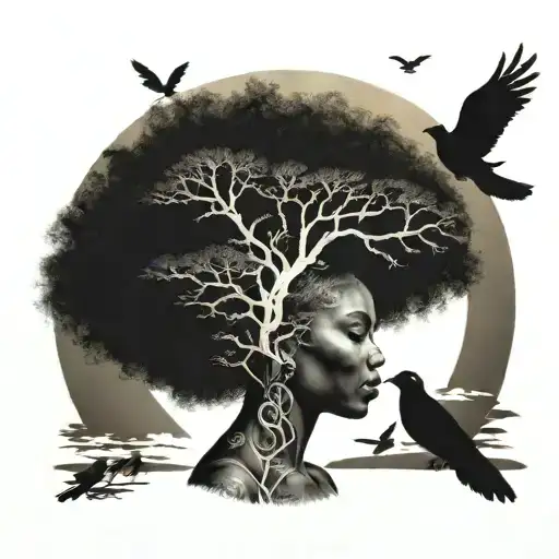 African Women With Large Afro With The Large Family Tree In The Background With Sun And Birds