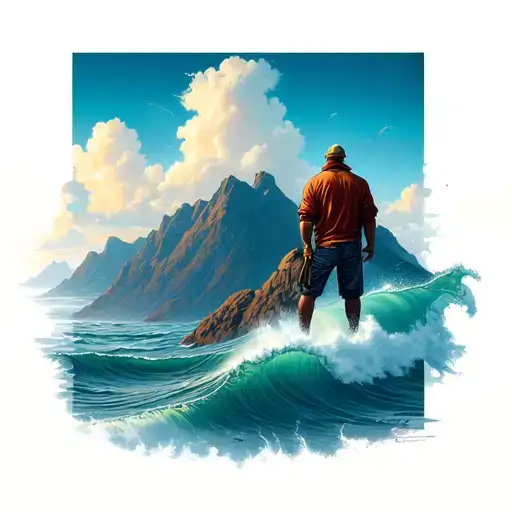 Man Standing On Mountain Looking Over The Ocean Waves
