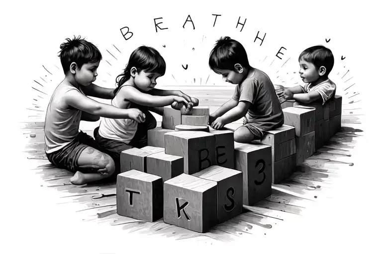 Kids Playing Blocks Body Black And White Written Breathe