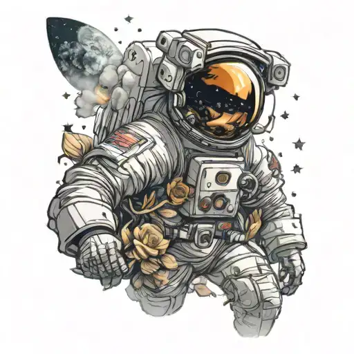 Astronaut In Space With Roses And Stars With A Sun