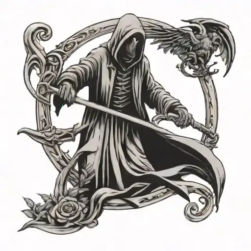 Grim Reaper Holding A Scythe With Crow Flying Across