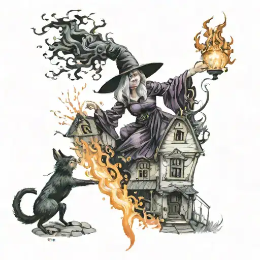 A Witch Casting A Spell On A Town's People With Flames Engulfing Them