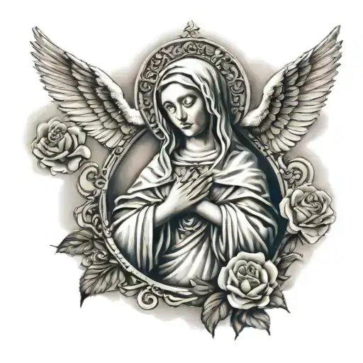 Virgin Mary Holding Rosary With Doves In Clouds And A Rose