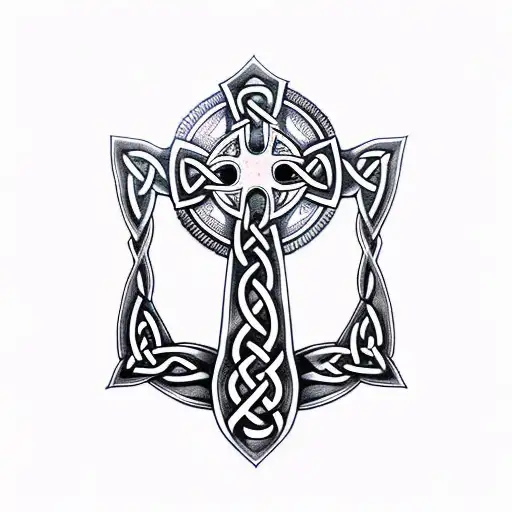 Irish Celtic Cross With A Wolf On The One Side And A Dragon In The Other Side