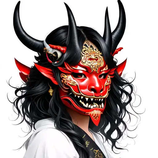 Japanese Woman With Oni Demon Mask