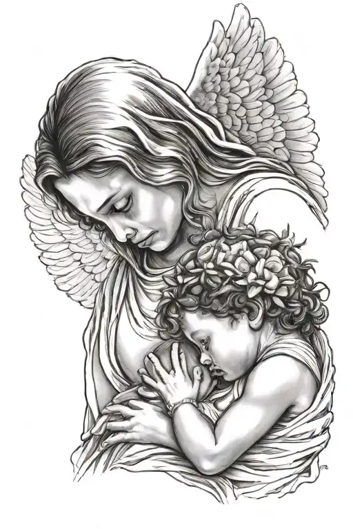 Angle Baby Watching Over Grieving Mother Mary Holding