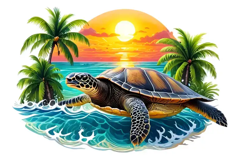 Sea Turtle And Palm Trees Colors Sunset