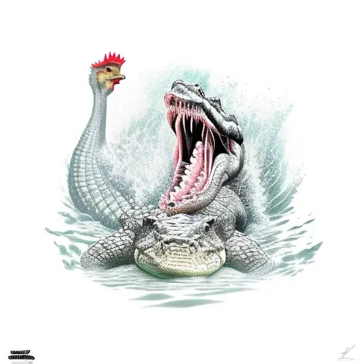 Crocodile Jumping Out Of Water With A Chicken In Its Mouth