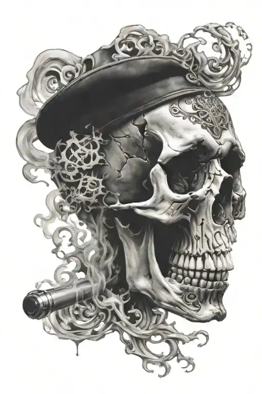 Skull Blowing Smoke With Black Piston Behind Skull