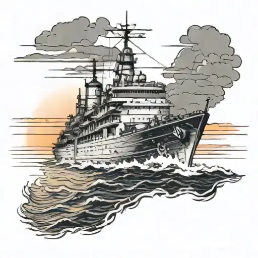 Cruiser Warship Over The Sea At Sunset In Sample Outline Design In More Extreme Wide Shot