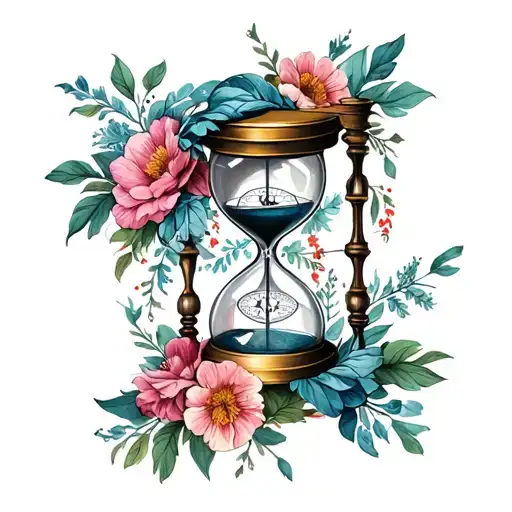 Hourglass And Compass Floral Sleeve Tattoo Design