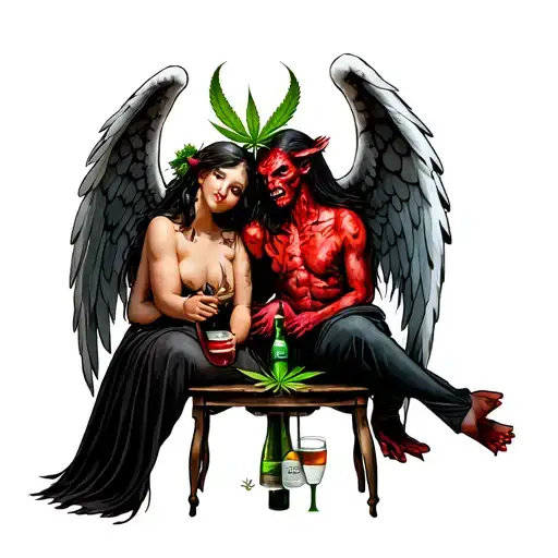 Demon And Angel Sitting With Alcohol And Weed