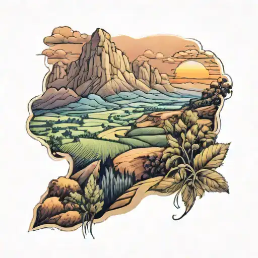 View Of Valley With Crops And Mountains And A Sunset