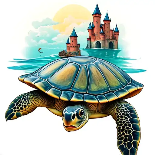 Sea Turtle With Castle On Its Shell
