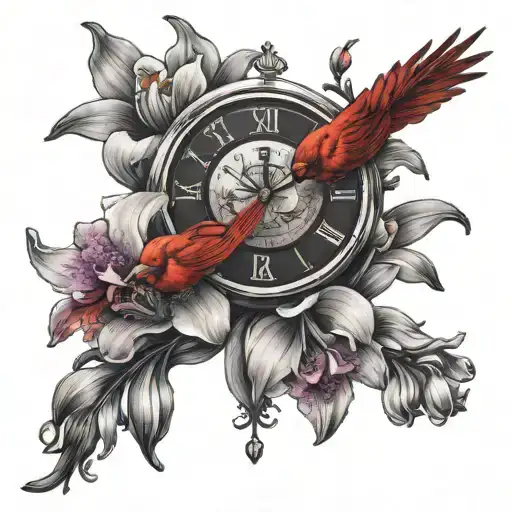 Cardinal On Orchid With Clock Face With Ocean