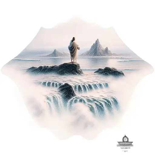 Jesus Standing On A Edge Of A Cliff Viewing Water And Mountains