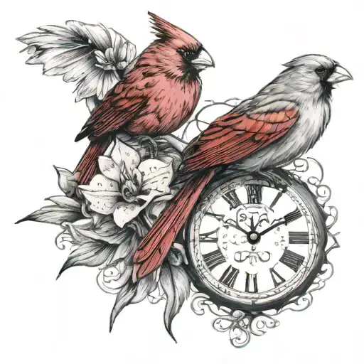 Cardinal With Orchids And A Clock With Beach And Ocean Inside Clock