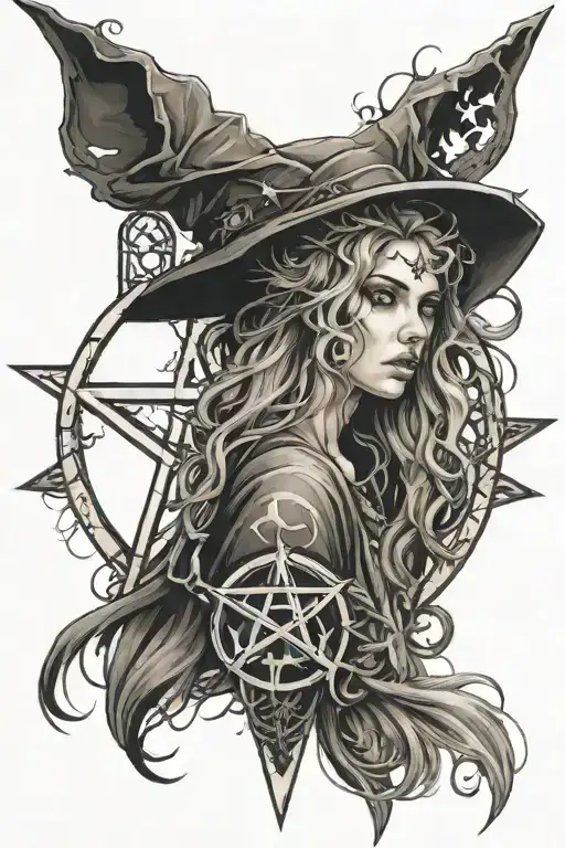 A Witch With Disheveled Hair On The Background Of A Pentagram With Symbols