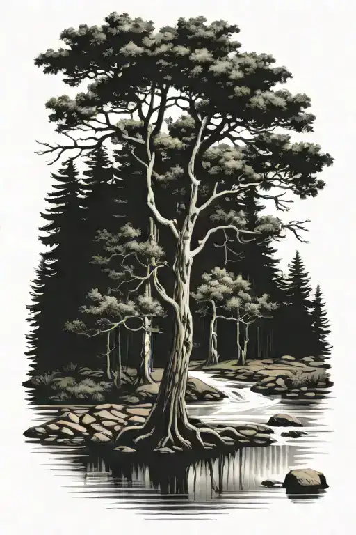 River Through An Oak And Pine Tree Forest