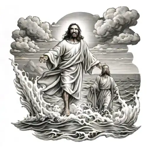 Jesus Walking On Water With Simon In Storm Clouds