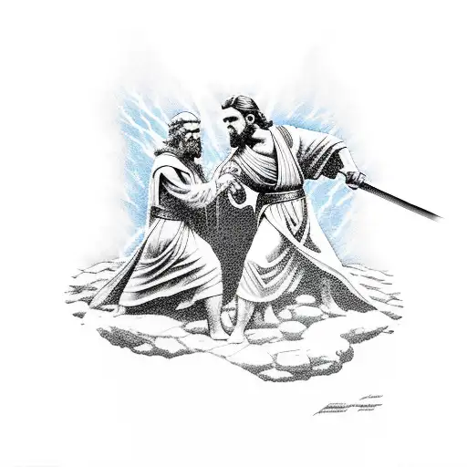 A Greek Statute With A Lightning Background And Obi Wan Fighting Anakin On A Lava Pit Below