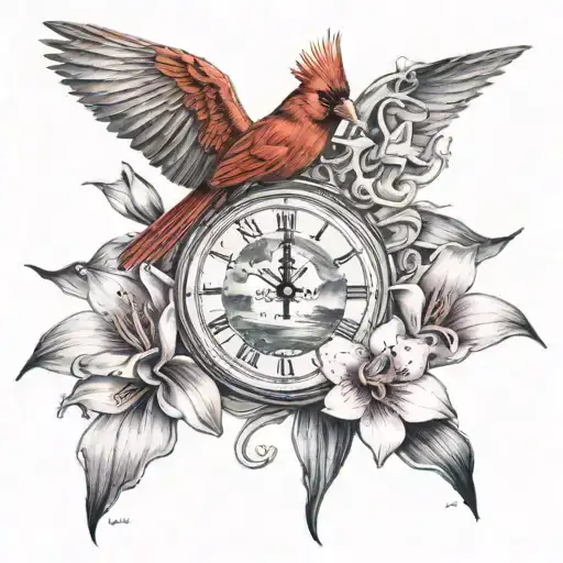 Cardinal On Orchid With Clock Face With Beach And Ocean