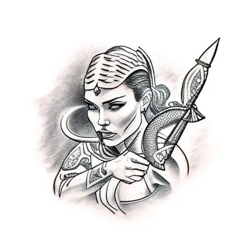 A Traditional-style Tattoo Featuring A Sagittarius Archer Woman Holding An Otter Instead Of A Bow