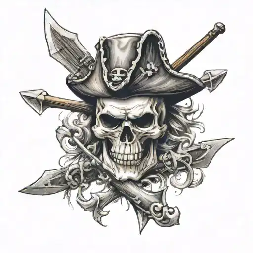 Pirate Skull With One Eyepatch With Oar And Trident Crrossed Behind