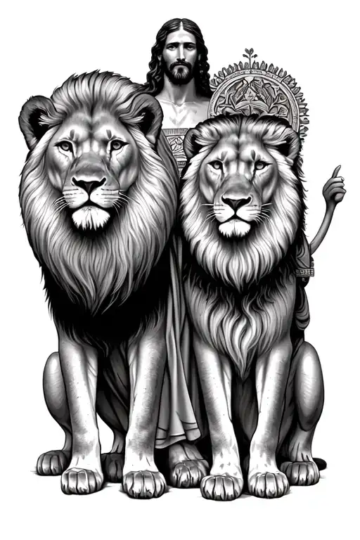 Jesus Standing With Two Lions Mother And Son On Dad