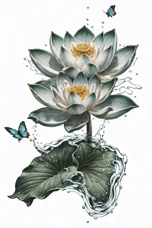 Single Lotus Flower On Water Butterflies Fluttering