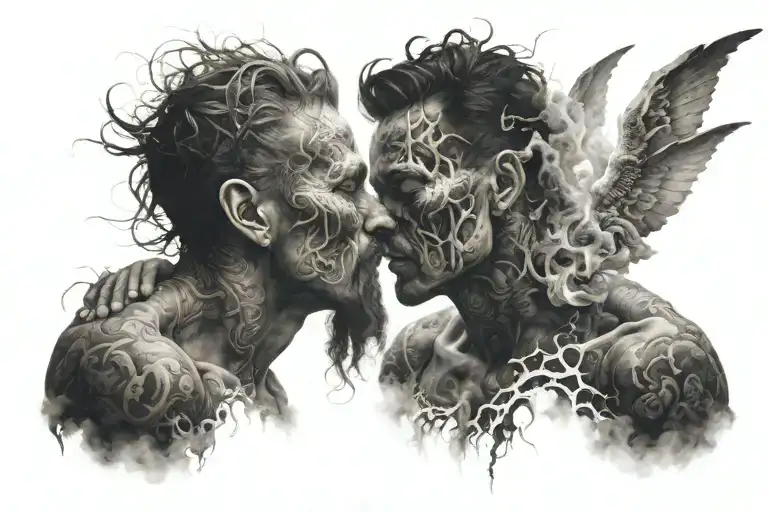 Two People In A Haze Reach For Each Other And Their Surrounded By Heaven And Hell At The Same Time