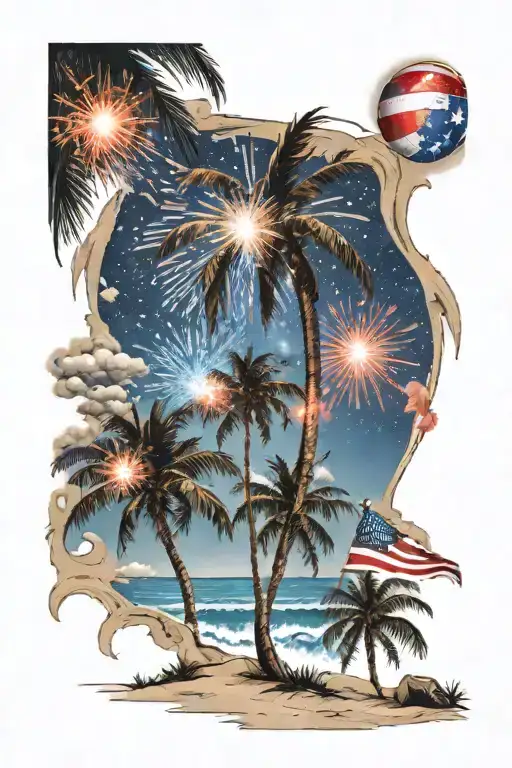 Beach Scene With Palm And Red White And Blue Fireworks In Sky