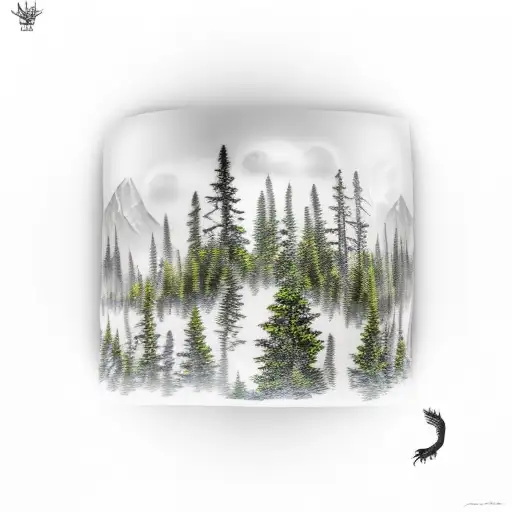 Trees In Forest With Cabin