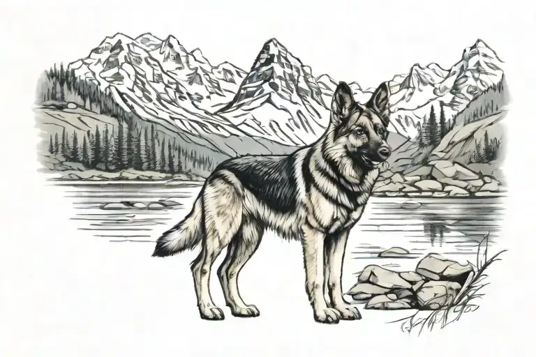 German Shepherd River And Mountain