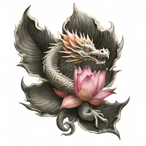 Orange Dragon With Pink Lotus Flower