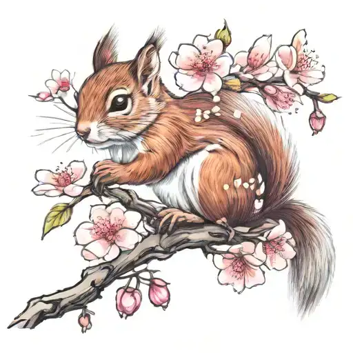Adorable Squirrel With Cherry Blossom Flowers Of February