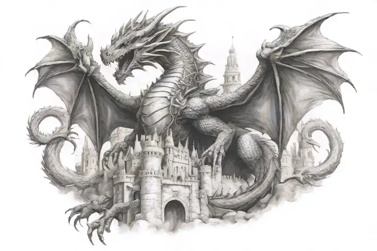 Mideivle Dragon On A Castle Surrounded