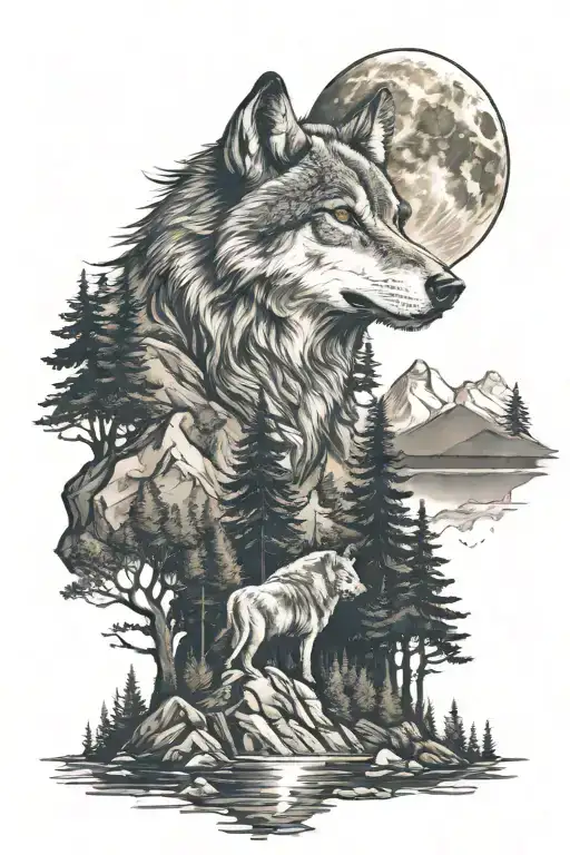 Wolf In Nature With Trees And Mountain And A Cross On Top And A Moon