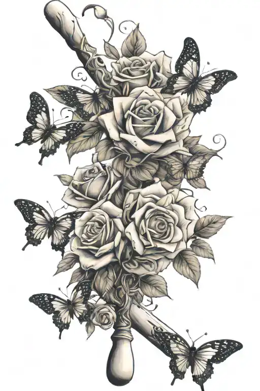 A Baseball Bat Wrapped In Vines Of Roses And Butterflies