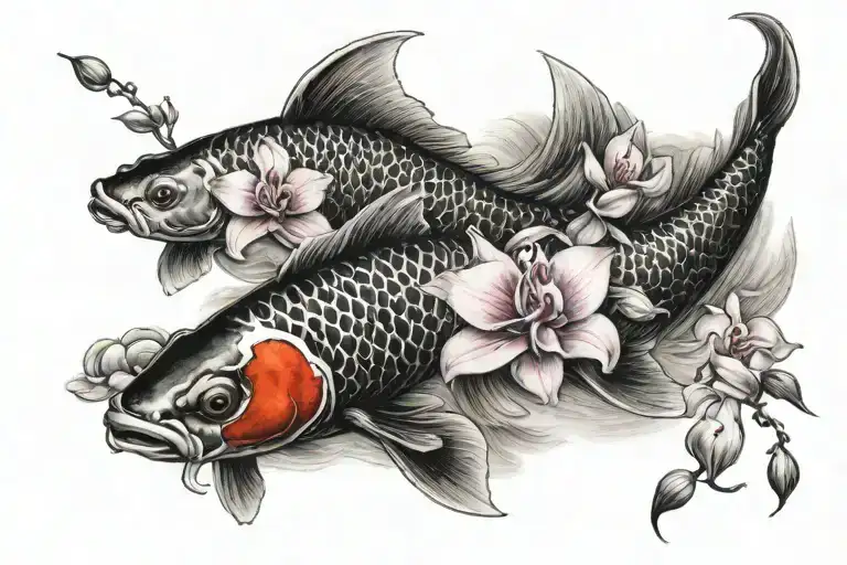 Koi Fish With Orchids Intertwined