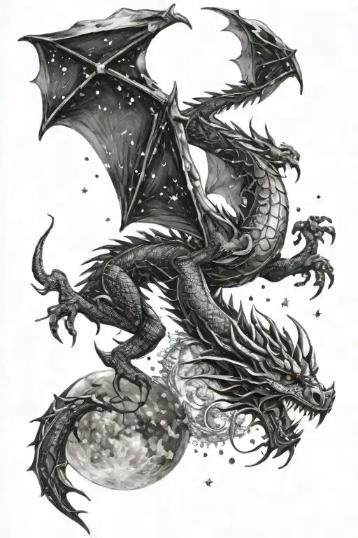 The Constellation Of The Dragon Against The Background Of The Starry Sky And The Moon Turns Into