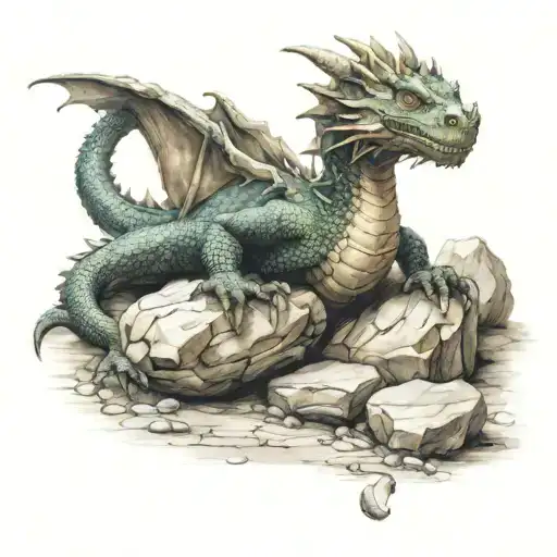 A Dragon Sits On A Stone With A Child's Footprint On It