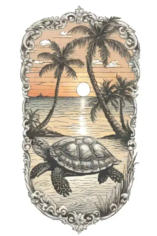 Turtle Sunset Palm Tree Ocean Scene