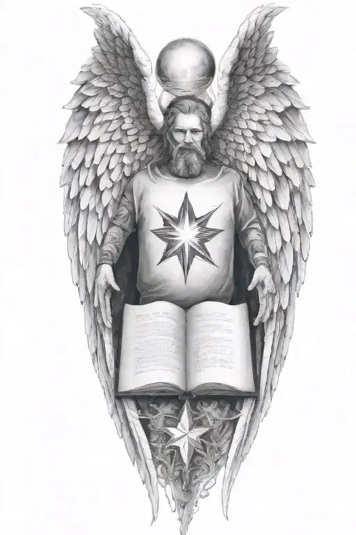 Northern Star Inside Angel Wings Holding Open Book Surrounded