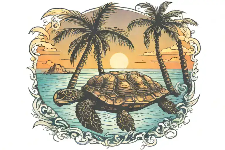 Turtle Sunset Palm Tree Ocean Scene